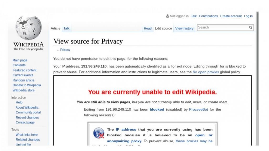screenshot of Wikipedia banning tor users
