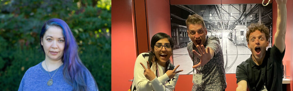 Two photos. In one is Kaylea Chamption, who has purple hair and a blue shirt. In the other is Sejal Khatri, Benjamin Mako Hill, and Aaron Shaw.