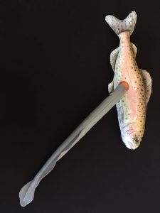 Plush salmon with lamprey parasite.