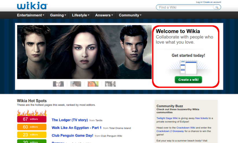 Wikia homepage